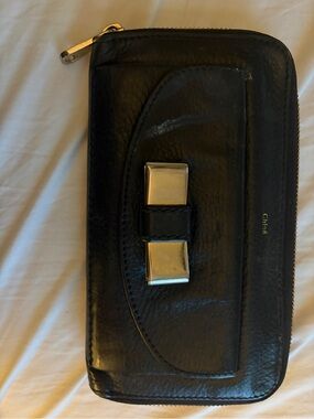 Chloe Black Leather Zip Wallet with Gold Bow Accent